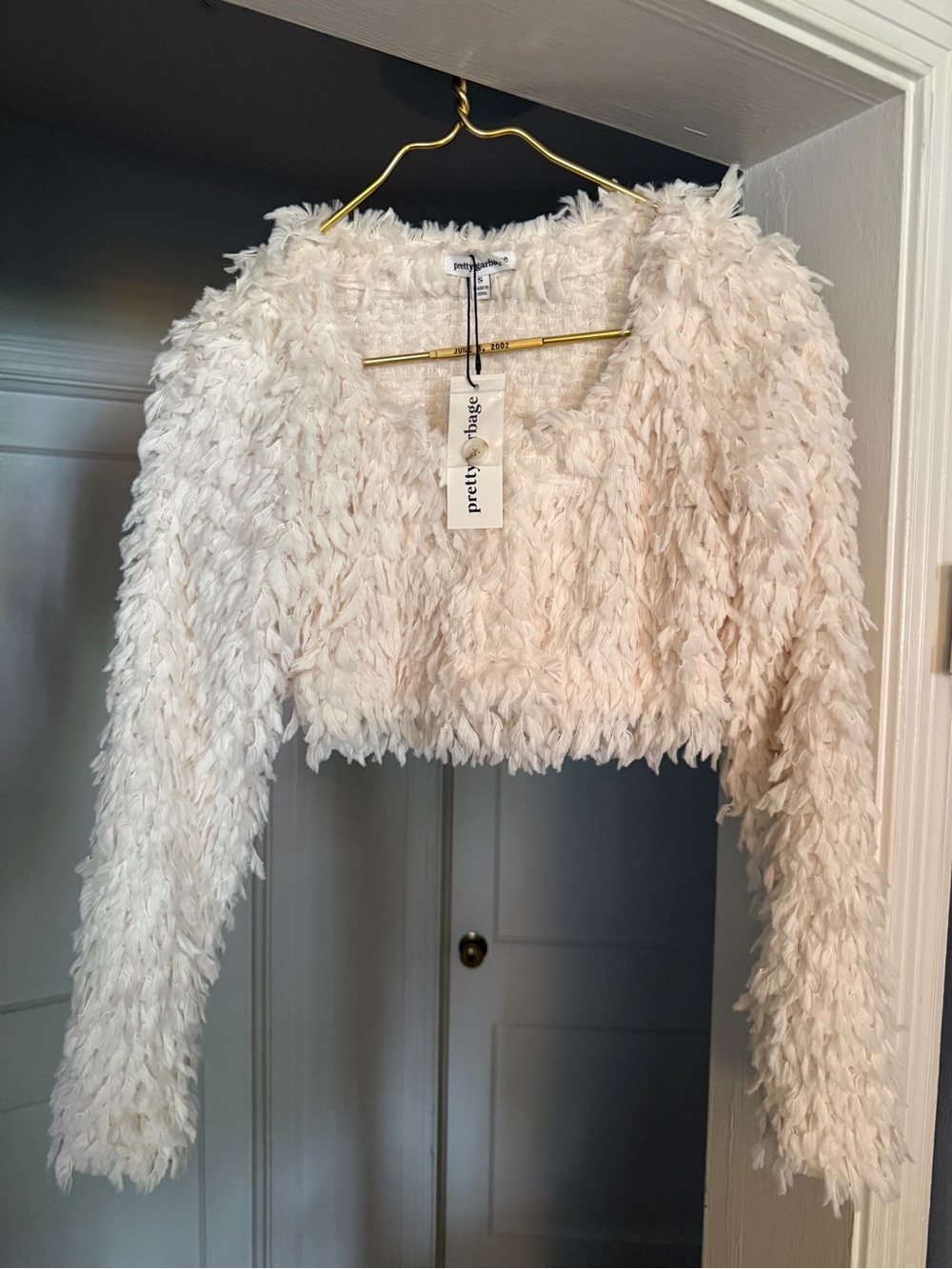 NWT Pretty Garbage Ivory Shaggy Feather Crop Cardigan Jacket Small